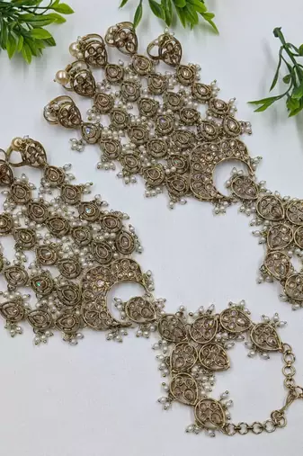 Lct stone ad stone & agate stone haath phool (hath panja), antique gold plated