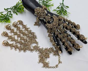Lct stone ad stone & agate stone haath phool (hath panja), antique gold plated 4