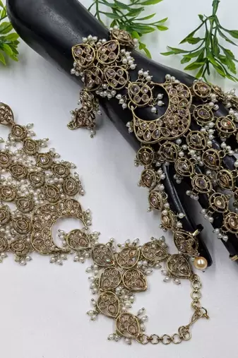 Lct stone ad stone & agate stone haath phool (hath panja), antique gold plated
