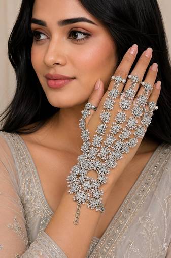 White ad stone & agate stone haath phool (hath panja), rhodium gold plated