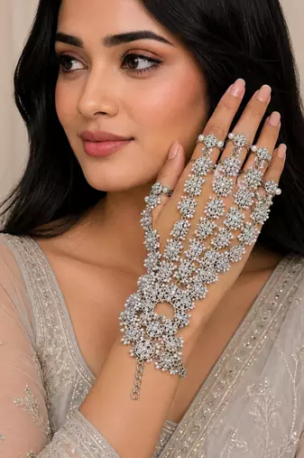 White ad stone & agate stone haath phool (hath panja), rhodium gold plated