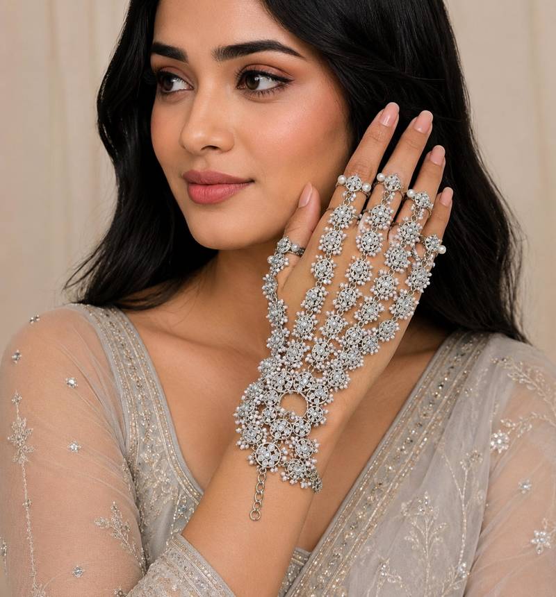 White ad stone & agate stone haath phool (hath panja), rhodium gold plated