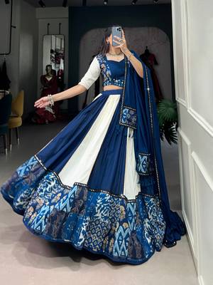 Navy Blue Printed Rayon Lehenga Choli with Mirror Work Lace & Gota Patti Dupatta 1