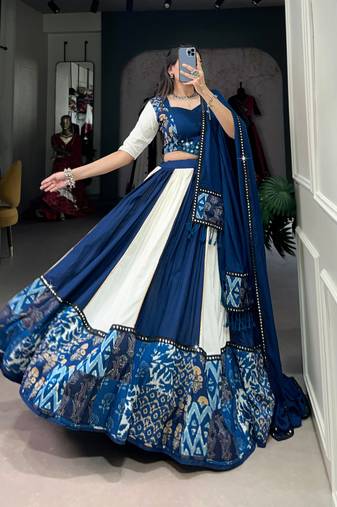 Navy Blue Printed Rayon Lehenga Choli with Mirror Work Lace & Gota Patti Dupatta