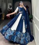 Navy Blue Printed Rayon Lehenga Choli with Mirror Work Lace & Gota Patti Dupatta