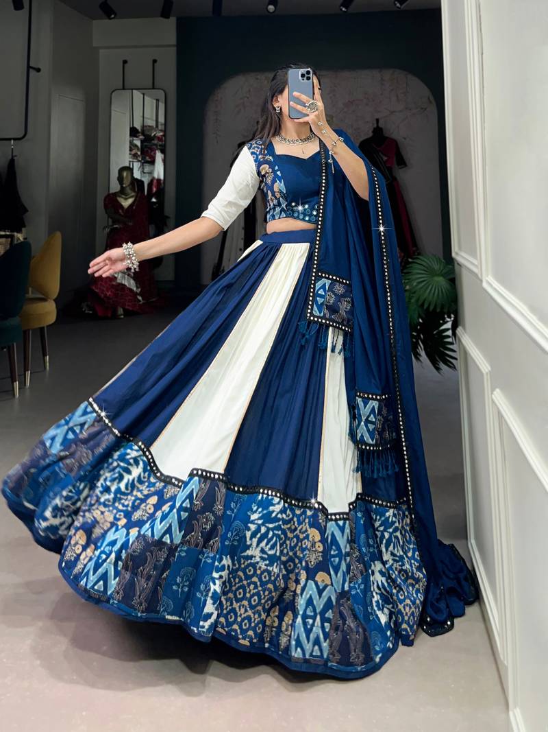 Navy Blue Printed Rayon Lehenga Choli with Mirror Work Lace & Gota Patti Dupatta