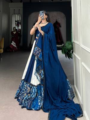 Navy Blue Printed Rayon Lehenga Choli with Mirror Work Lace & Gota Patti Dupatta 3