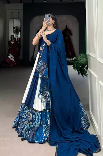 Navy Blue Printed Rayon Lehenga Choli with Mirror Work Lace & Gota Patti Dupatta