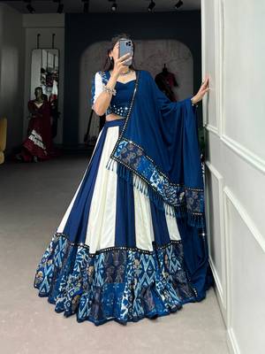 Navy Blue Printed Rayon Lehenga Choli with Mirror Work Lace & Gota Patti Dupatta 4