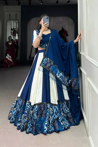 Navy Blue Printed Rayon Lehenga Choli with Mirror Work Lace & Gota Patti Dupatta