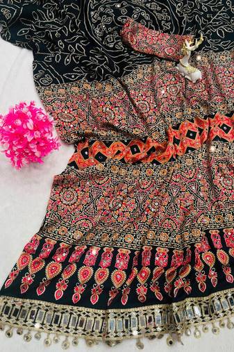 Black Color Printed And Real mirror work Silk Blend Saree