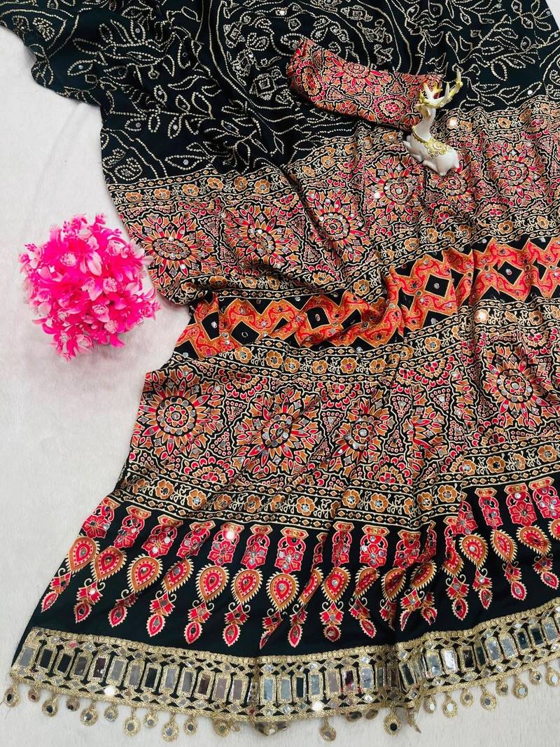 Black Color Printed And Real mirror work Silk Blend Saree