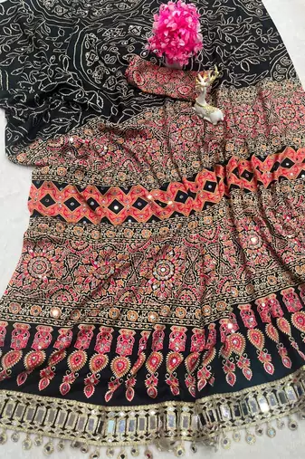 Black Color Printed And Real mirror work Silk Blend Saree