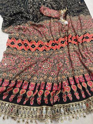 Black Color Printed And Real mirror work Silk Blend Saree 3