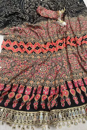 Black Color Printed And Real mirror work Silk Blend Saree