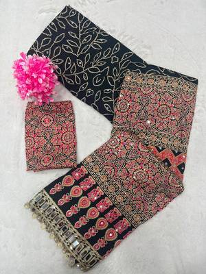 Black Color Printed And Real mirror work Silk Blend Saree 4