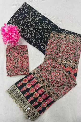 Black Color Printed And Real mirror work Silk Blend Saree