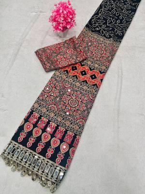 Black Color Printed And Real mirror work Silk Blend Saree 5