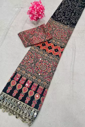Black Color Printed And Real mirror work Silk Blend Saree