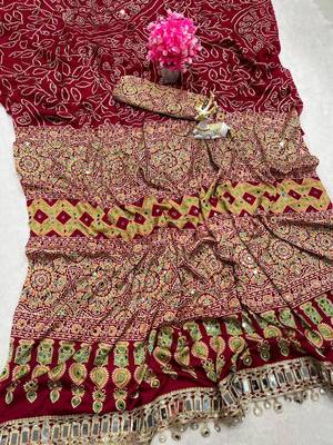 Red Color Printed And Real mirror work Silk Blend Saree 1