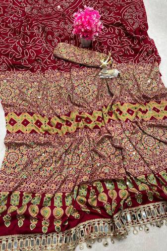 Red Color Printed And Real mirror work Silk Blend Saree
