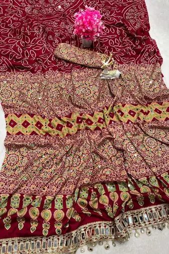 Red Color Printed And Real mirror work Silk Blend Saree