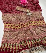Red Color Printed And Real mirror work Silk Blend Saree