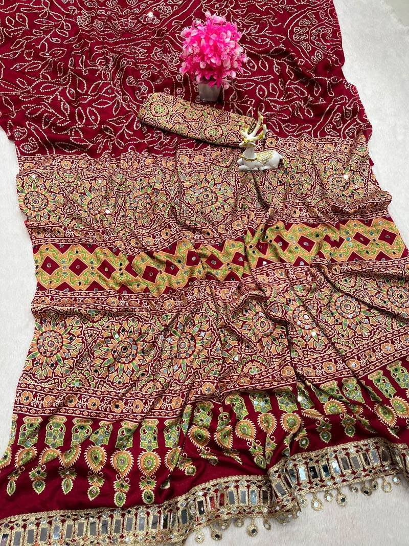 Red Color Printed And Real mirror work Silk Blend Saree
