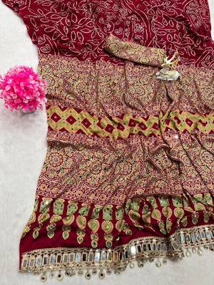 Red Color Printed And Real mirror work Silk Blend Saree 2