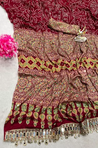Red Color Printed And Real mirror work Silk Blend Saree