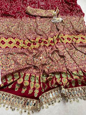 Red Color Printed And Real mirror work Silk Blend Saree 3
