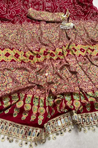 Red Color Printed And Real mirror work Silk Blend Saree