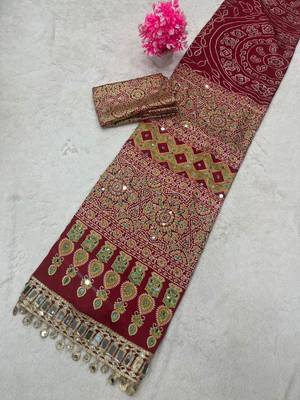 Red Color Printed And Real mirror work Silk Blend Saree 4