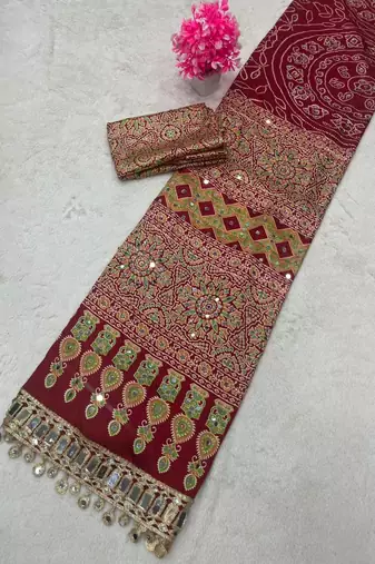Red Color Printed And Real mirror work Silk Blend Saree