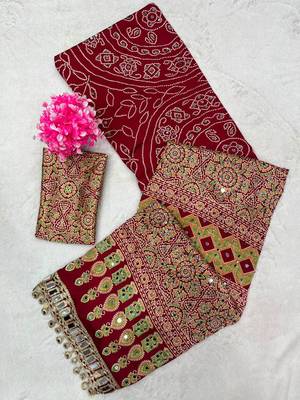 Red Color Printed And Real mirror work Silk Blend Saree 5