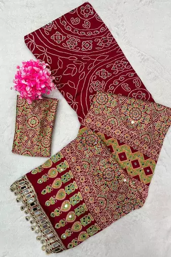 Red Color Printed And Real mirror work Silk Blend Saree