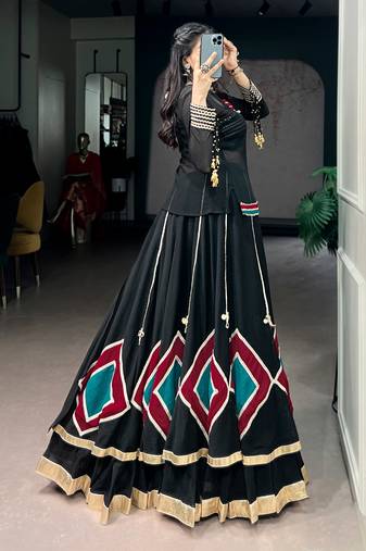 Black Lace Work Marble Lehenga Choli Set with Sheer Tunic Fully Stitched Festive Wear Lehenga with Blouse
