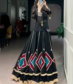 Black Lace Work Marble Lehenga Choli Set with Sheer Tunic Fully Stitched Festive Wear Lehenga with Blouse