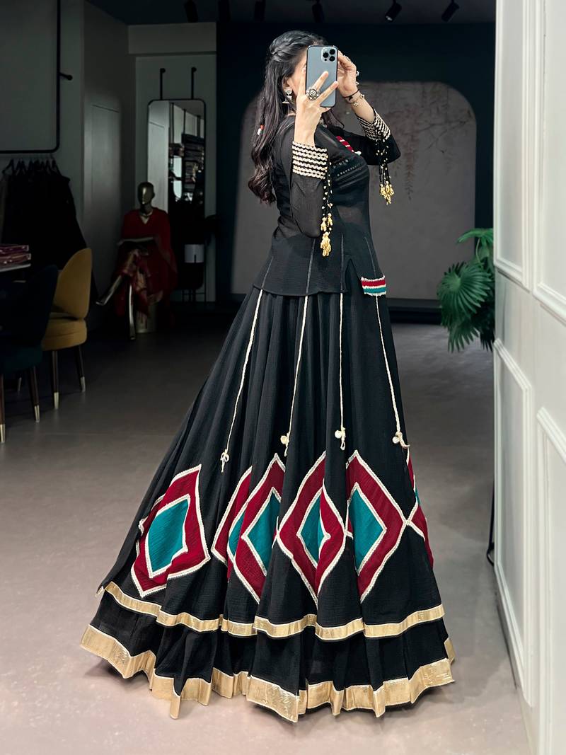 Black Lace Work Marble Lehenga Choli Set with Sheer Tunic Fully Stitched Festive Wear Lehenga with Blouse