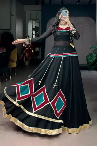 Black Lace Work Marble Lehenga Choli Set with Sheer Tunic Fully Stitched Festive Wear Lehenga with Blouse