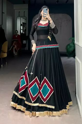 Black Lace Work Marble Lehenga Choli Set with Sheer Tunic Fully Stitched Festive Wear Lehenga with Blouse