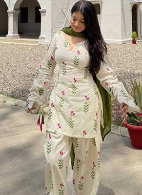 Green printed cameric cotton full stitched farshi salwar suit set 1