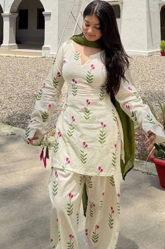 Green printed cameric cotton full stitched farshi salwar suit set