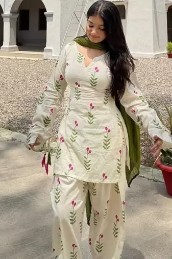 Green printed cameric cotton full stitched farshi salwar suit set