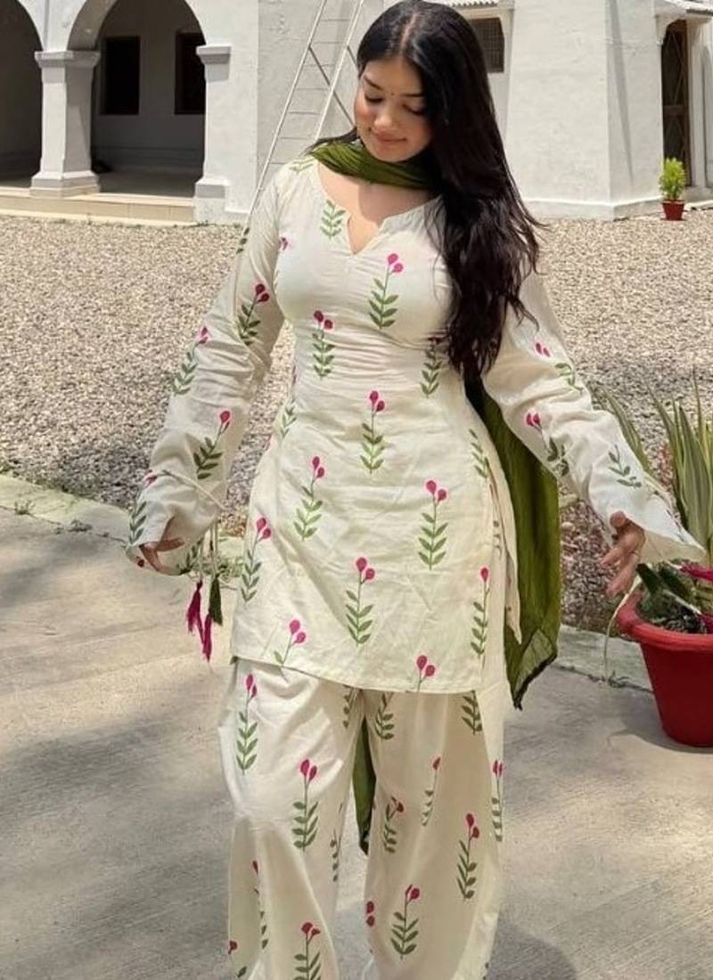 Green printed cameric cotton full stitched farshi salwar suit set