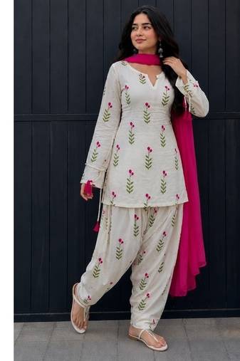 Cream printed cotton full stitched farshi salwar suit set