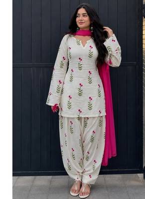 Cream printed cotton full stitched farshi salwar suit set 2