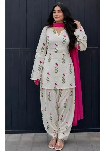 Cream printed cotton full stitched farshi salwar suit set