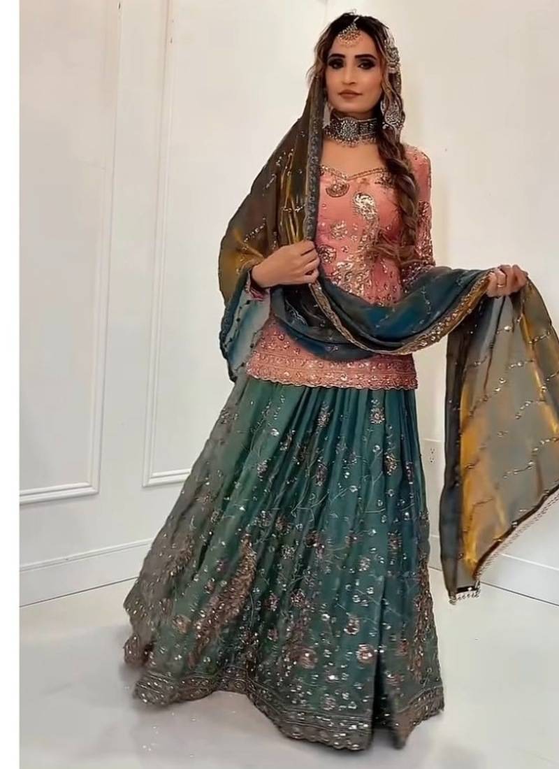 Baby pink embroidery frendy full stitched sharara palazzo suit set