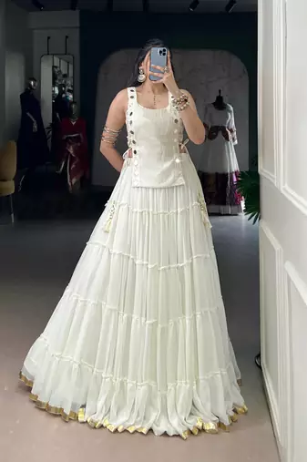 White Mirror Work Marble Navratri Lehenga Choli with Chanderi Blouse and Koti